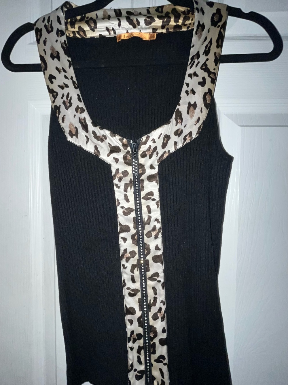Belldini Black Ribbed Tank with Leopard-Print Trim